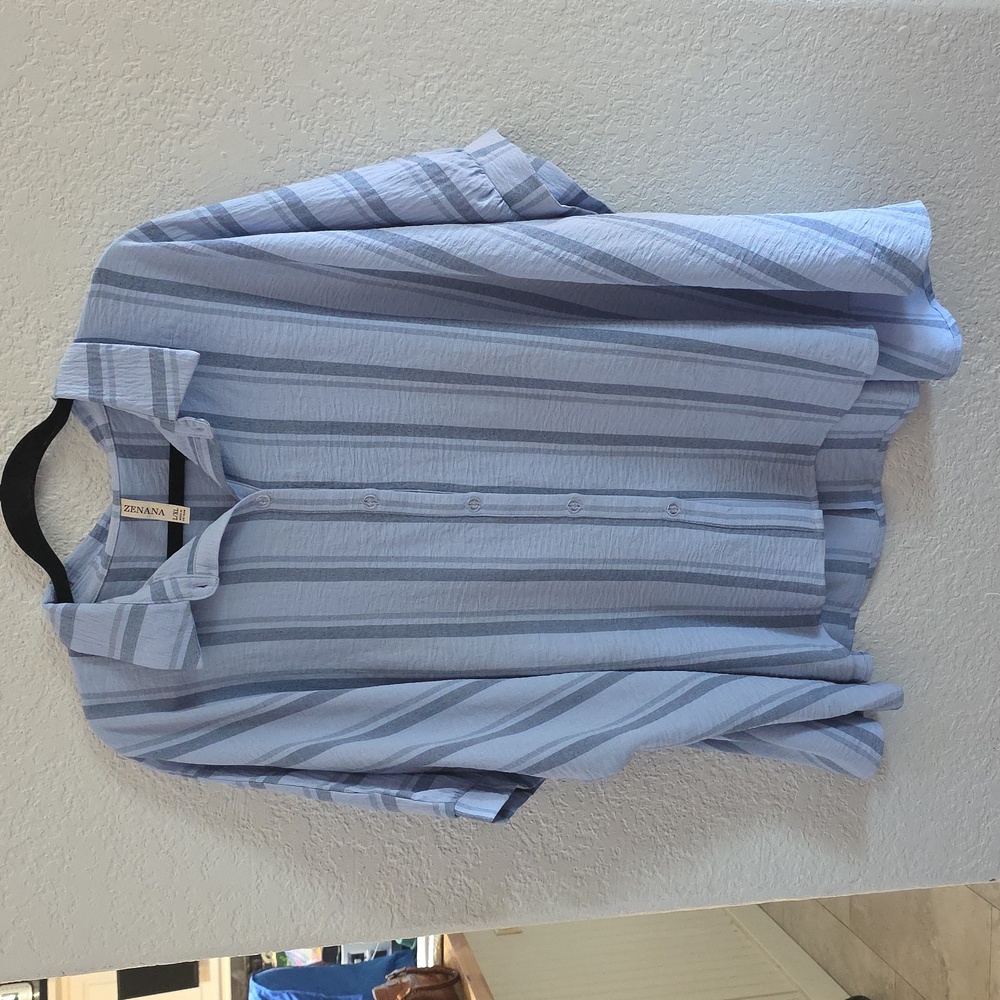 Zenana “Lost in Your Love” Oversized Button-Down Top – Blue Stripe